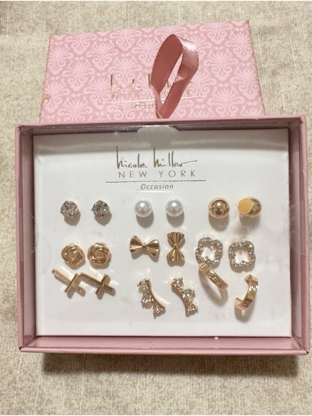 Nicole Miller New York Earrings Set Multiple Pairs Gold Tone Gift Box
